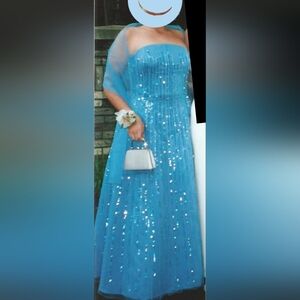 Blue Strapless Sequin Gown for Prom